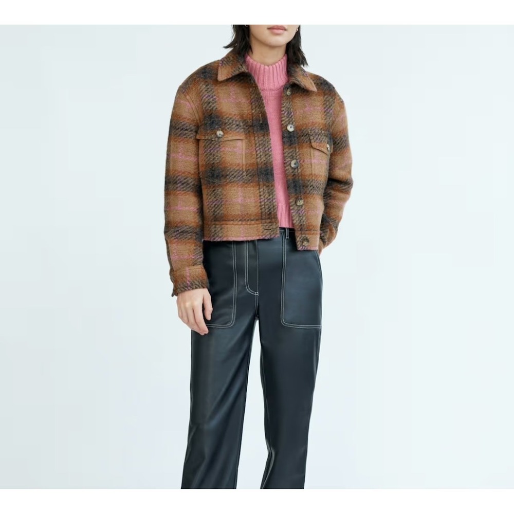 Aritzia Wilfred Autumn Shirt Jacket Plaid Wool Cropped Shacket Brown Pink L